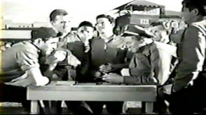 Inside the Walls of Folsom Prison #3 - Captain Benson (David Brian) demonstrates his different approach, chatting with prisoners including (from left) Chuck Daniels (Steve Cochran) and Red Pardue (Philip Carey)  