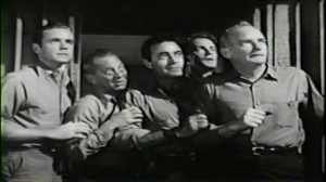 My Six Convicts #3 - Marshall Thompson as Scott, Jay Adler as Kopak, Gilbert Roalnd as Pinero, Alf Kjellin as Randall and Millard Mitchell as Connie.